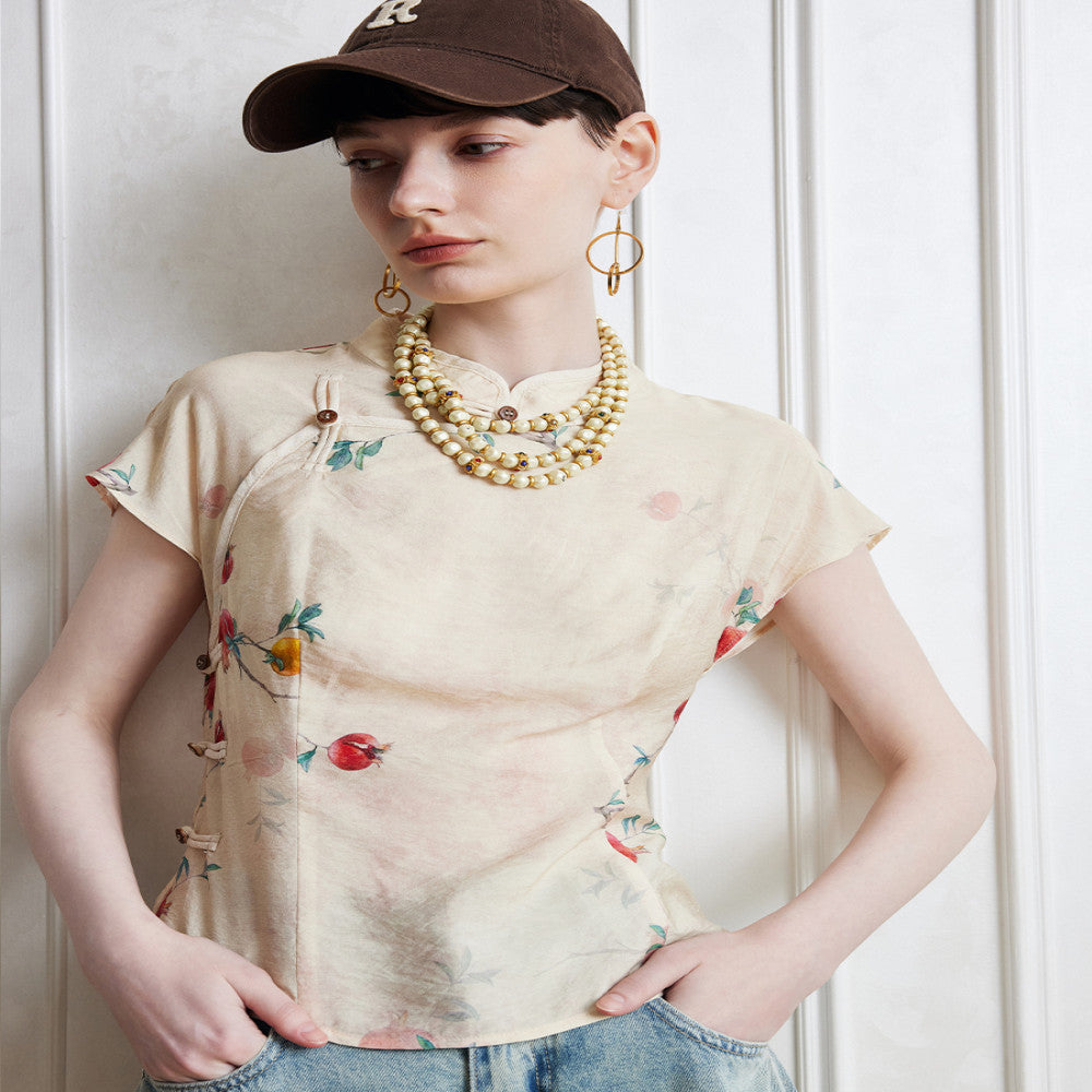 Aozhi Country Apricot New Chinese Printed Stand up Collar Oblique Collar Shirt Chinese Style Clear and Cold Short Sleeve T shirt Women s Summer N image 0