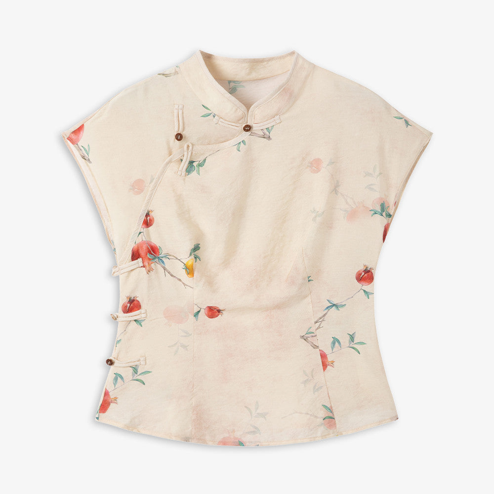 Aozhi Country Apricot New Chinese Printed Stand up Collar Oblique Collar Shirt Chinese Style Clear and Cold Short Sleeve T shirt Women s Summer N image 9