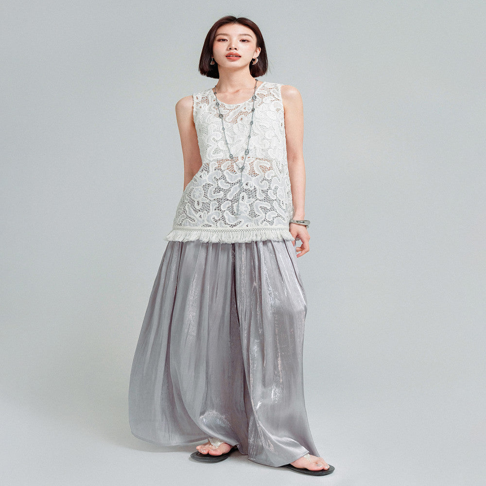KOHS Summer BI Fresh Vacation Gilded Texture Elegant Wide Leg Pants High Waist Ice Silk Thin Skirt Pants image 5