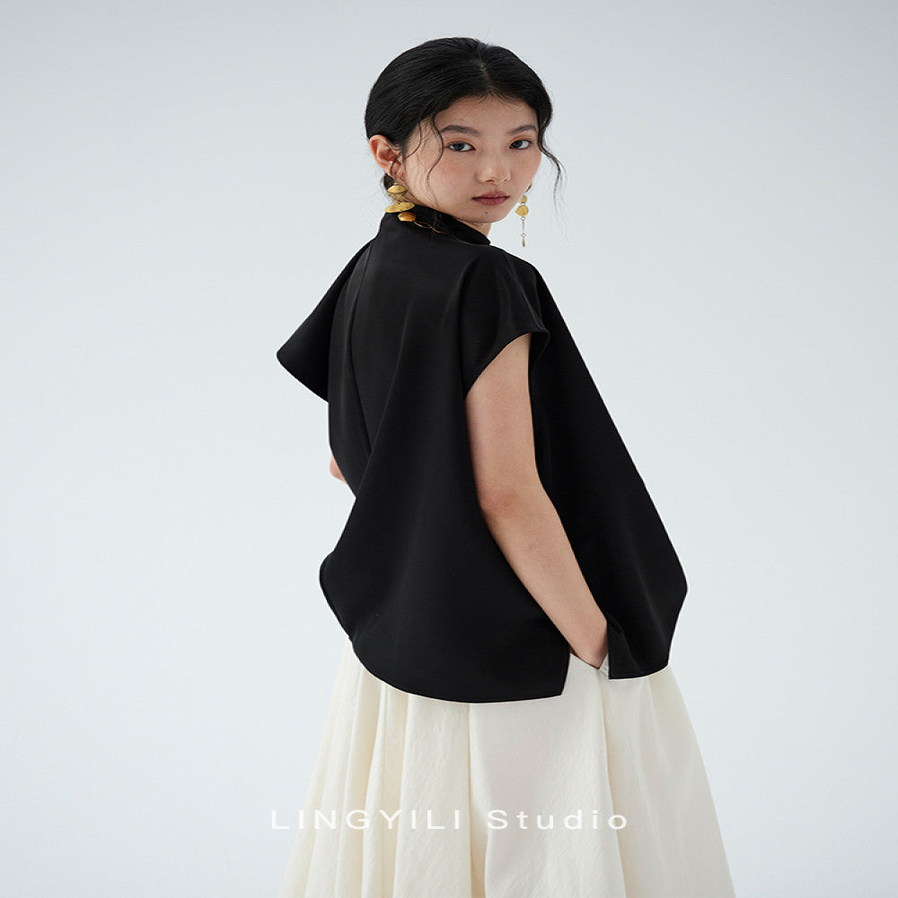 LINGYLI Spring Summer Collection Original Design Acetate Satin Stand Cut Swing Collar Style Short Top image 5