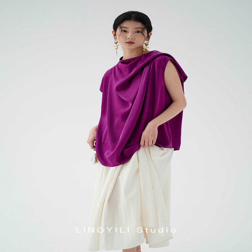 LINGYLI Spring Summer Collection Original Design Acetate Satin Stand Cut Swing Collar Style Short Top image 10