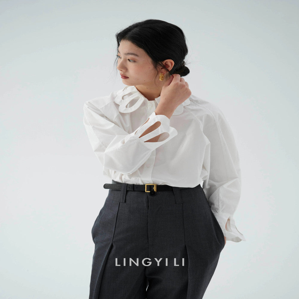 LINGYLI Spring Collection Original Design Hollow Flower Collar Horn Sleeve Cotton French Retro Shirt Two Colors image 2