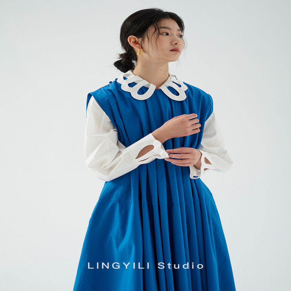 LINGYLI Spring Collection Original Design Hollow Flower Collar Horn Sleeve Cotton French Retro Shirt Two Colors image 3