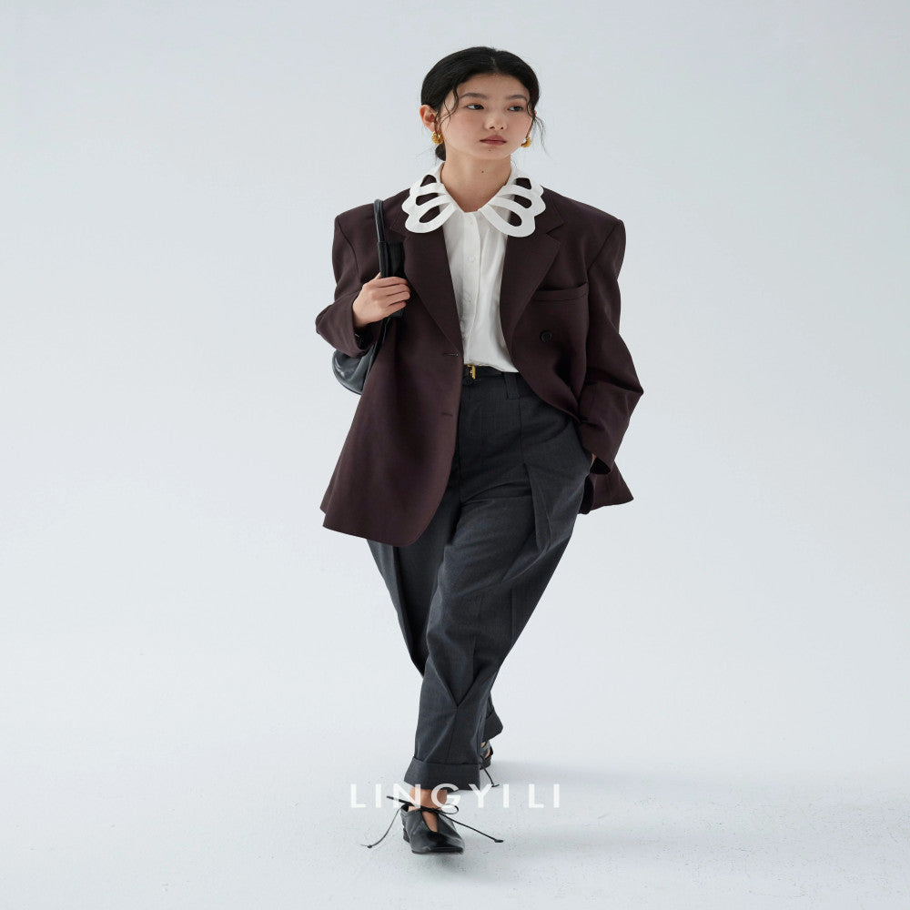 LINGYLI Spring Collection Original Design Hollow Flower Collar Horn Sleeve Cotton French Retro Shirt Two Colors image 4