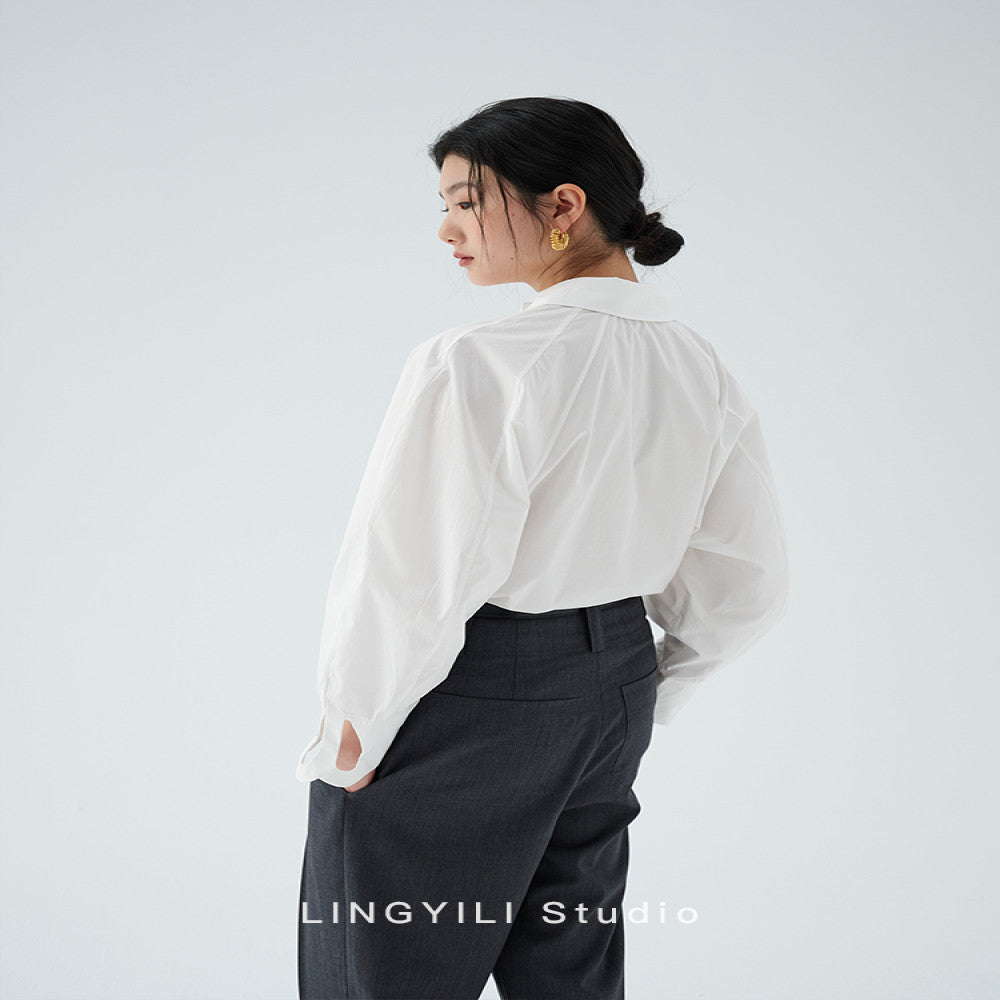 LINGYLI Spring Collection Original Design Hollow Flower Collar Horn Sleeve Cotton French Retro Shirt Two Colors image 5