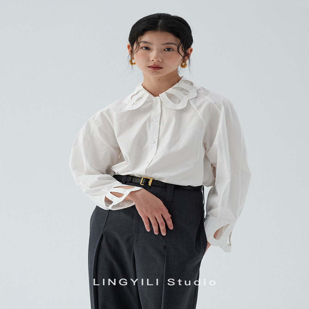 LINGYLI Spring Collection Original Design Hollow Flower Collar Horn Sleeve Cotton French Retro Shirt Two Colors image 16