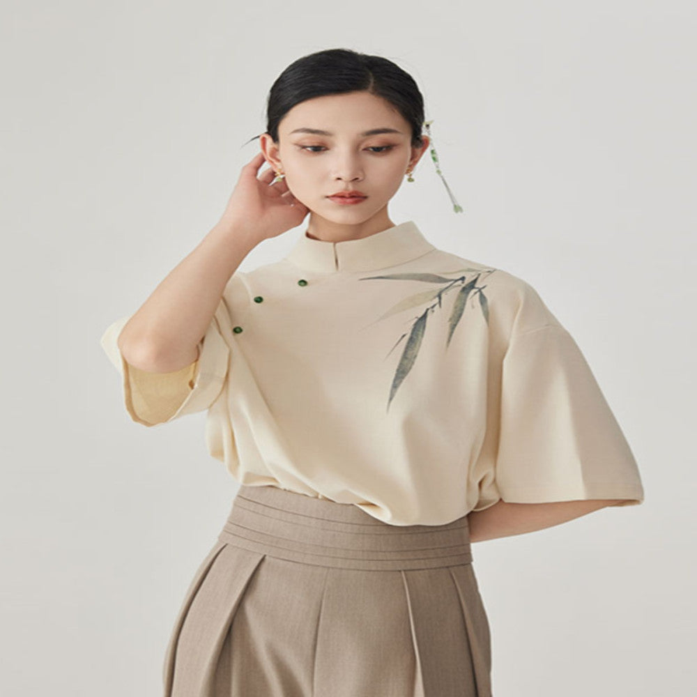 CNEW Chu Nianer asked about the new Chinese style stand up collar clear linen ink wash bamboo leaf print dyed jade button short sleeved shirt image 2