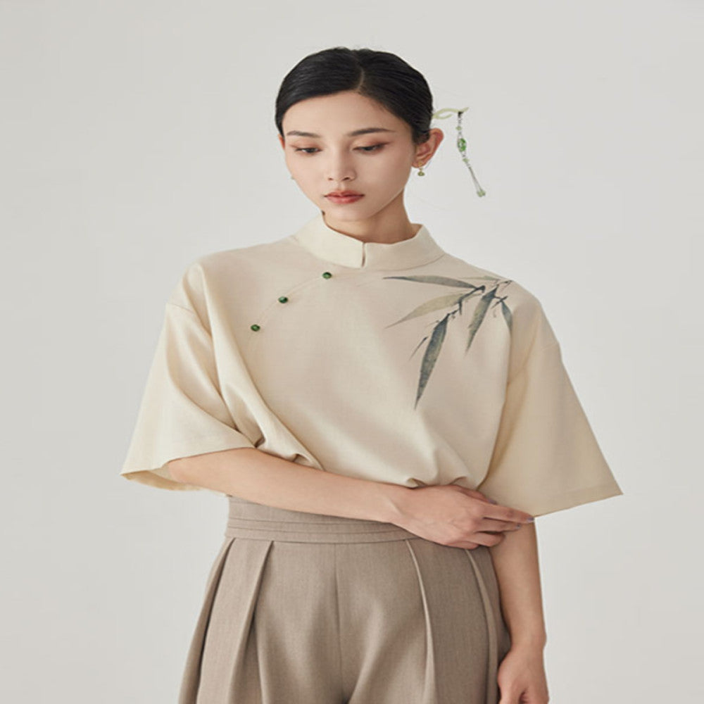 CNEW Chu Nianer asked about the new Chinese style stand up collar clear linen ink wash bamboo leaf print dyed jade button short sleeved shirt image 3