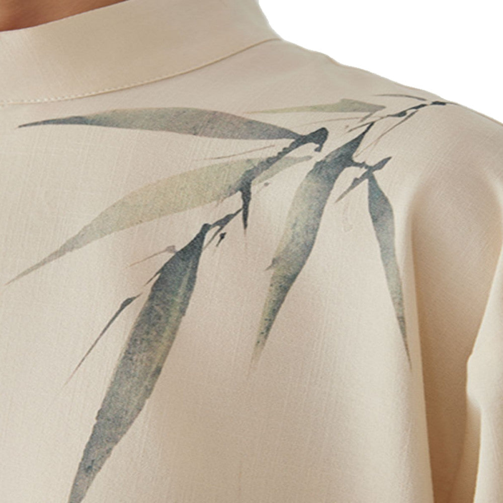 CNEW Chu Nianer asked about the new Chinese style stand up collar clear linen ink wash bamboo leaf print dyed jade button short sleeved shirt image 5