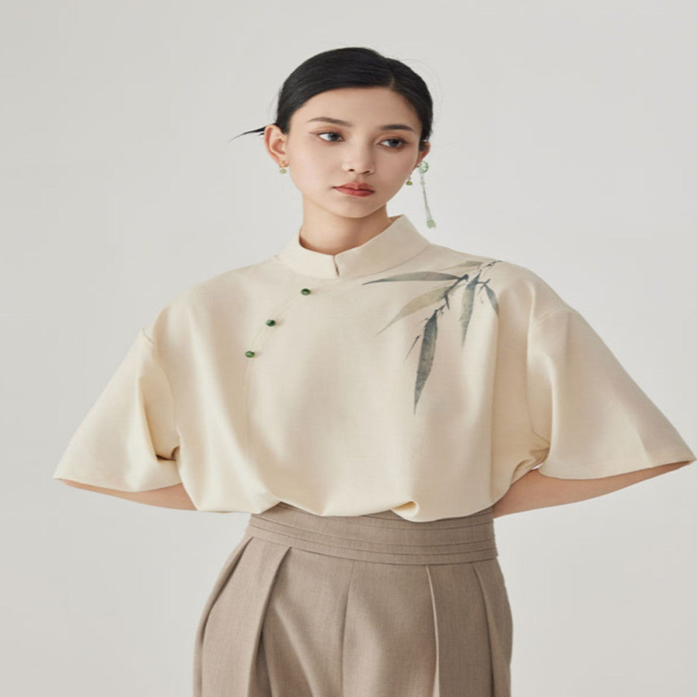 CNEW Chu Nianer asked about the new Chinese style stand up collar clear linen ink wash bamboo leaf print dyed jade button short sleeved shirt image 0