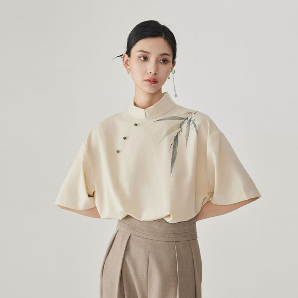 CNEW Chu Nianer asked about the new Chinese style stand up collar clear linen ink wash bamboo leaf print dyed jade button short sleeved shirt image 6