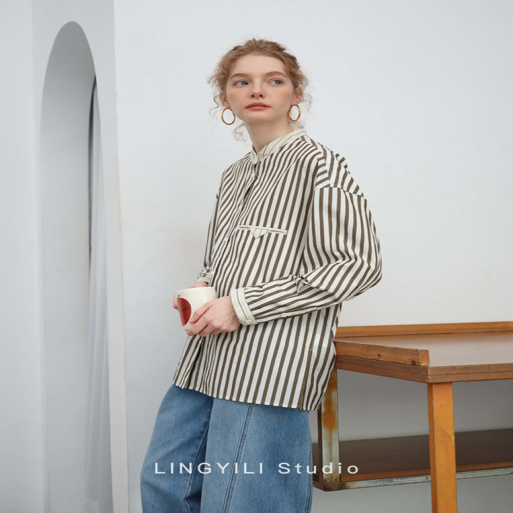 LINGYLI Spring Series Cotton Striped Small Stand Collar workwear Wind Japanese Shirt image 1