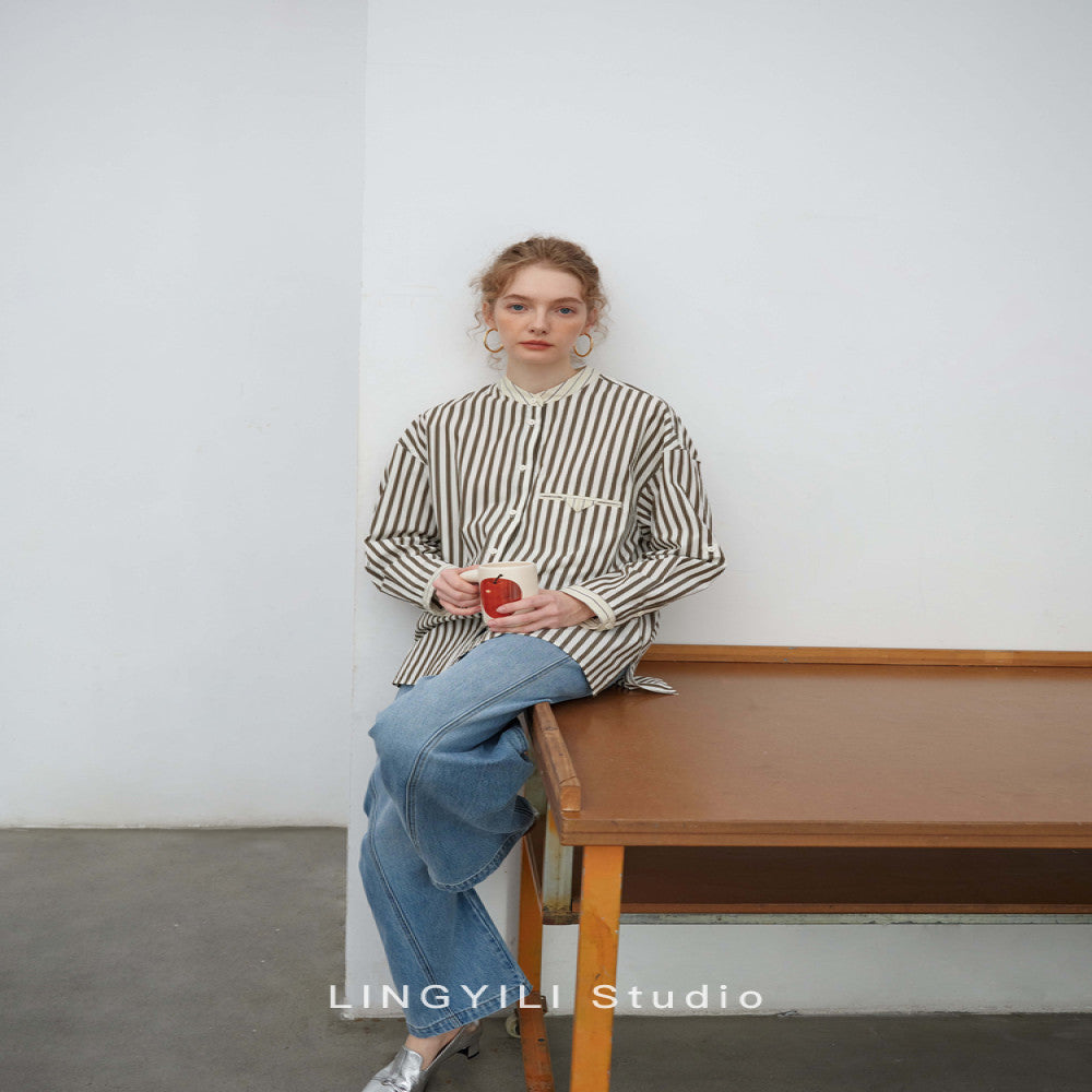 LINGYLI Spring Series Cotton Striped Small Stand Collar workwear Wind Japanese Shirt image 2