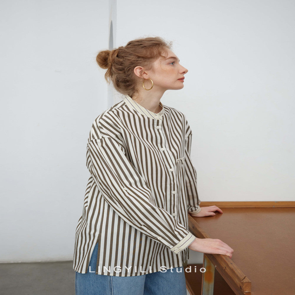 LINGYLI Spring Series Cotton Striped Small Stand Collar workwear Wind Japanese Shirt image 3