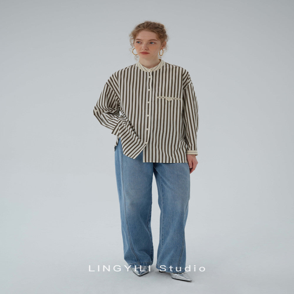 LINGYLI Spring Series Cotton Striped Small Stand Collar workwear Wind Japanese Shirt image 4
