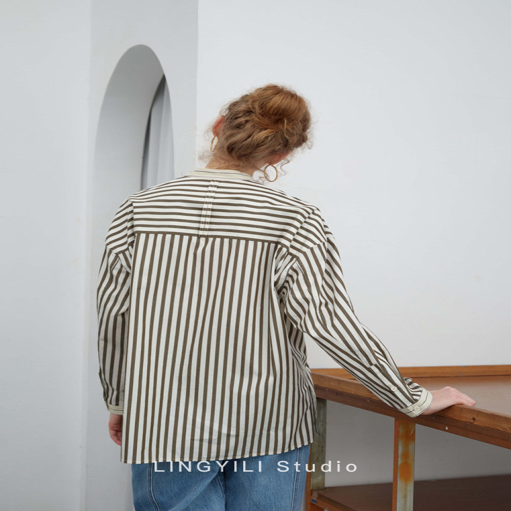 LINGYLI Spring Series Cotton Striped Small Stand Collar workwear Wind Japanese Shirt image 5
