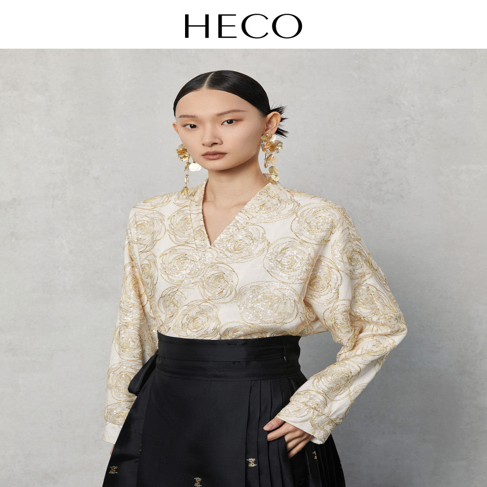 HECO Canruo Rose New Chinese Autumn New Product Sparkling Embroidered Mesh Shirt Ma Mian Skirt Paired with Women s Top image 3