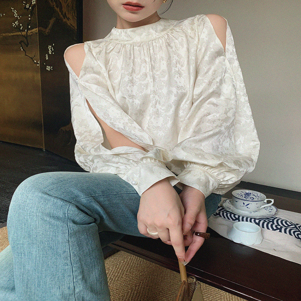 Customized white off shoulder stand up collar shirt with dimples women s autumn 2025 new design niche lantern sleeve top image 1