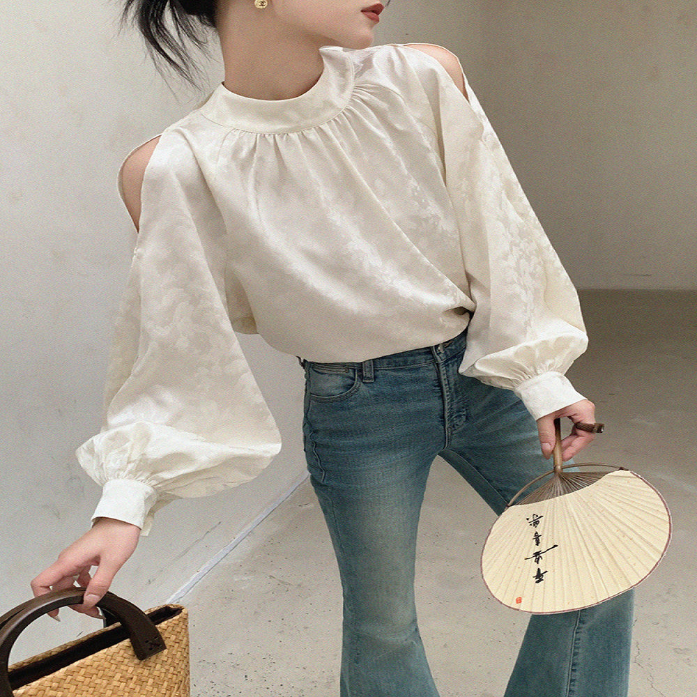 Customized white off shoulder stand up collar shirt with dimples women s autumn 2025 new design niche lantern sleeve top image 2
