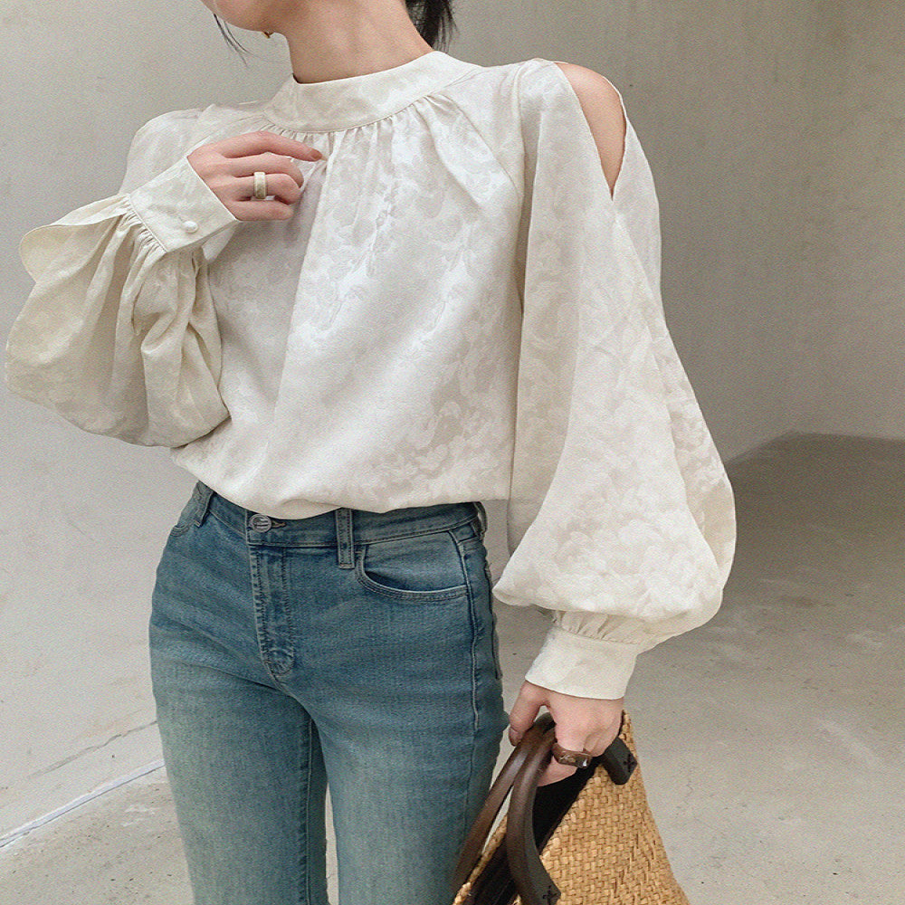 Customized white off shoulder stand up collar shirt with dimples women s autumn 2025 new design niche lantern sleeve top image 3