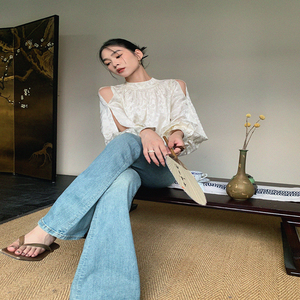 Customized white off shoulder stand up collar shirt with dimples women s autumn 2025 new design niche lantern sleeve top image 4