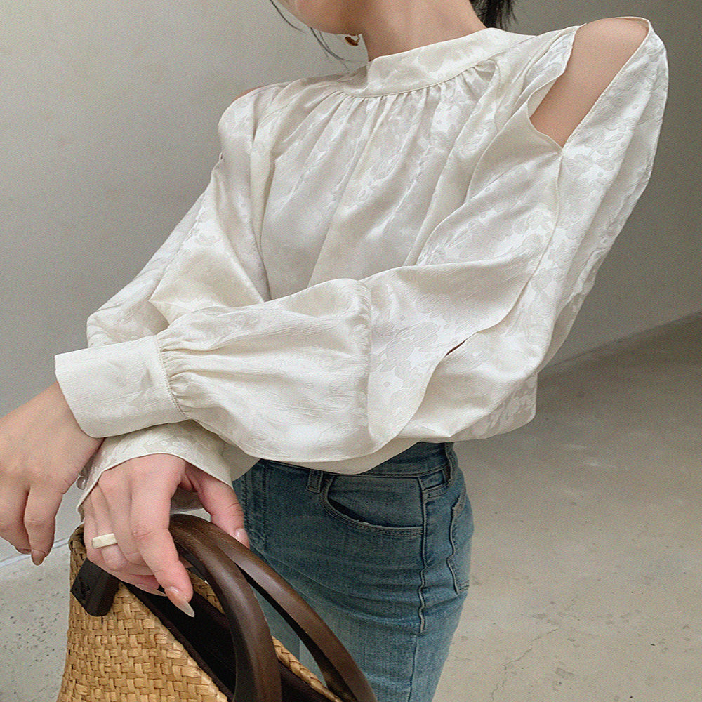 Customized white off shoulder stand up collar shirt with dimples women s autumn 2025 new design niche lantern sleeve top image 5