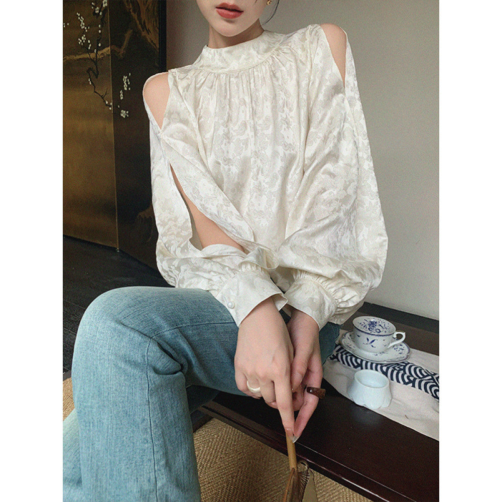 Customized white off shoulder stand up collar shirt with dimples women s autumn 2025 new design niche lantern sleeve top image 8