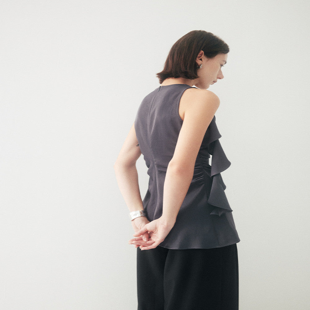 Someone Sometimes Original Ruffle Ribbon Pinch Fold Split Satin Texture Tank Top for Women s Outerwear image 3