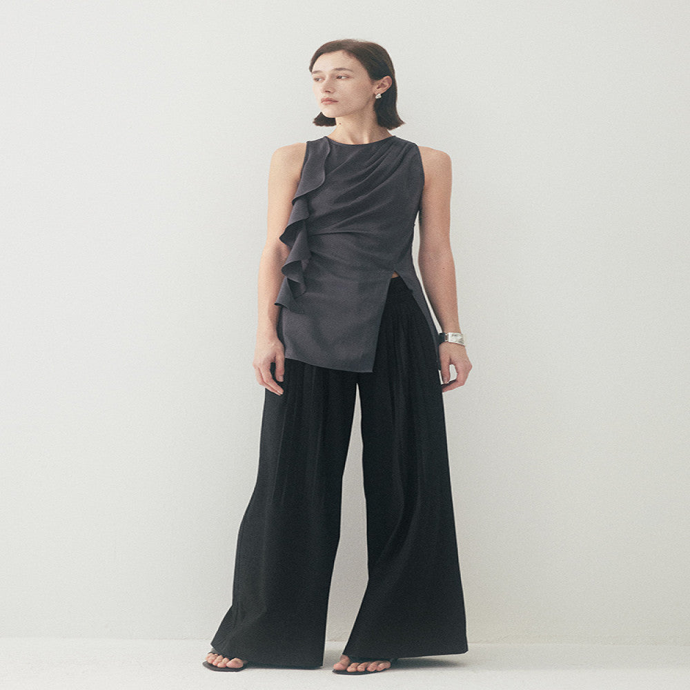 Someone Sometimes Original Ruffle Ribbon Pinch Fold Split Satin Texture Tank Top for Women s Outerwear image 4