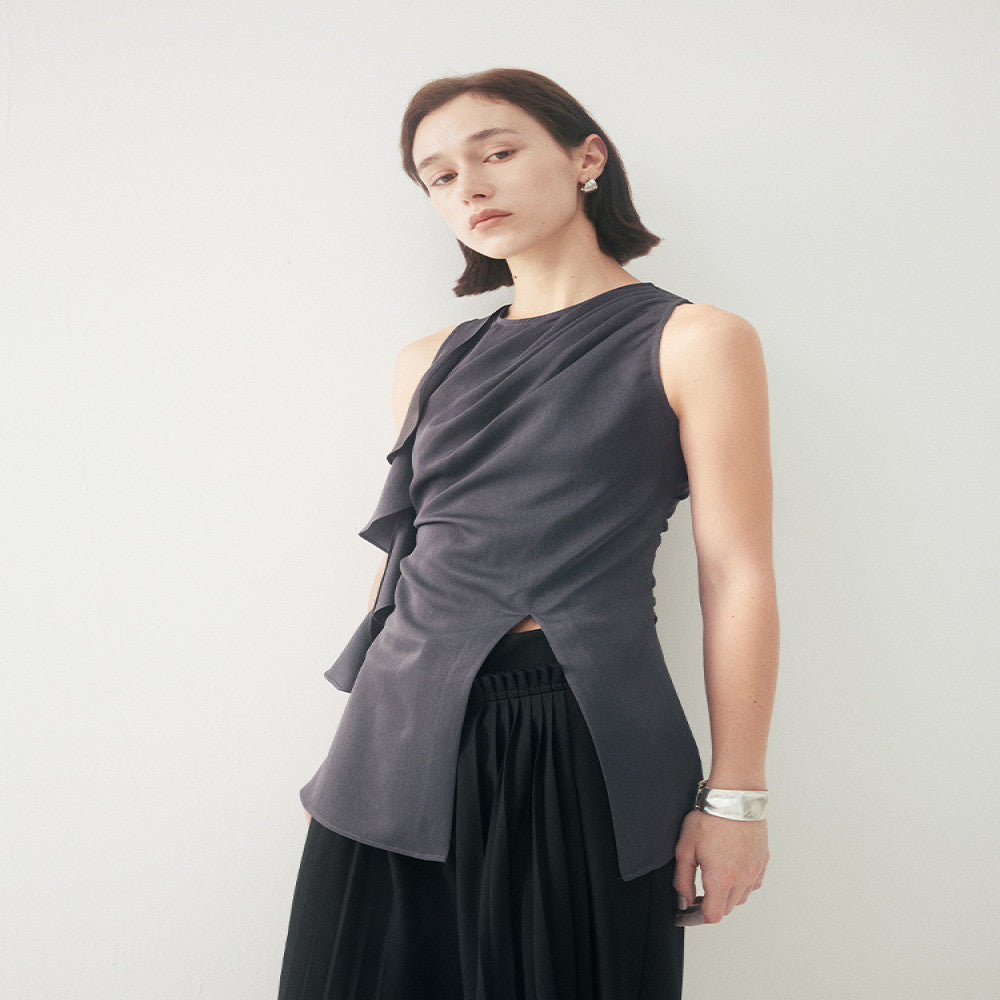 Someone Sometimes Original Ruffle Ribbon Pinch Fold Split Satin Texture Tank Top for Women s Outerwear image 5