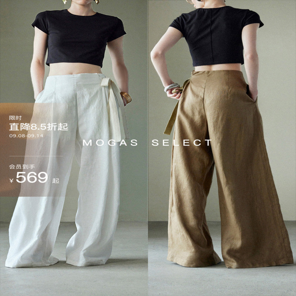 Spot Mogas pure linen side waistband pleated high waist wide leg pants for women s casual old money style summer wear image 0
