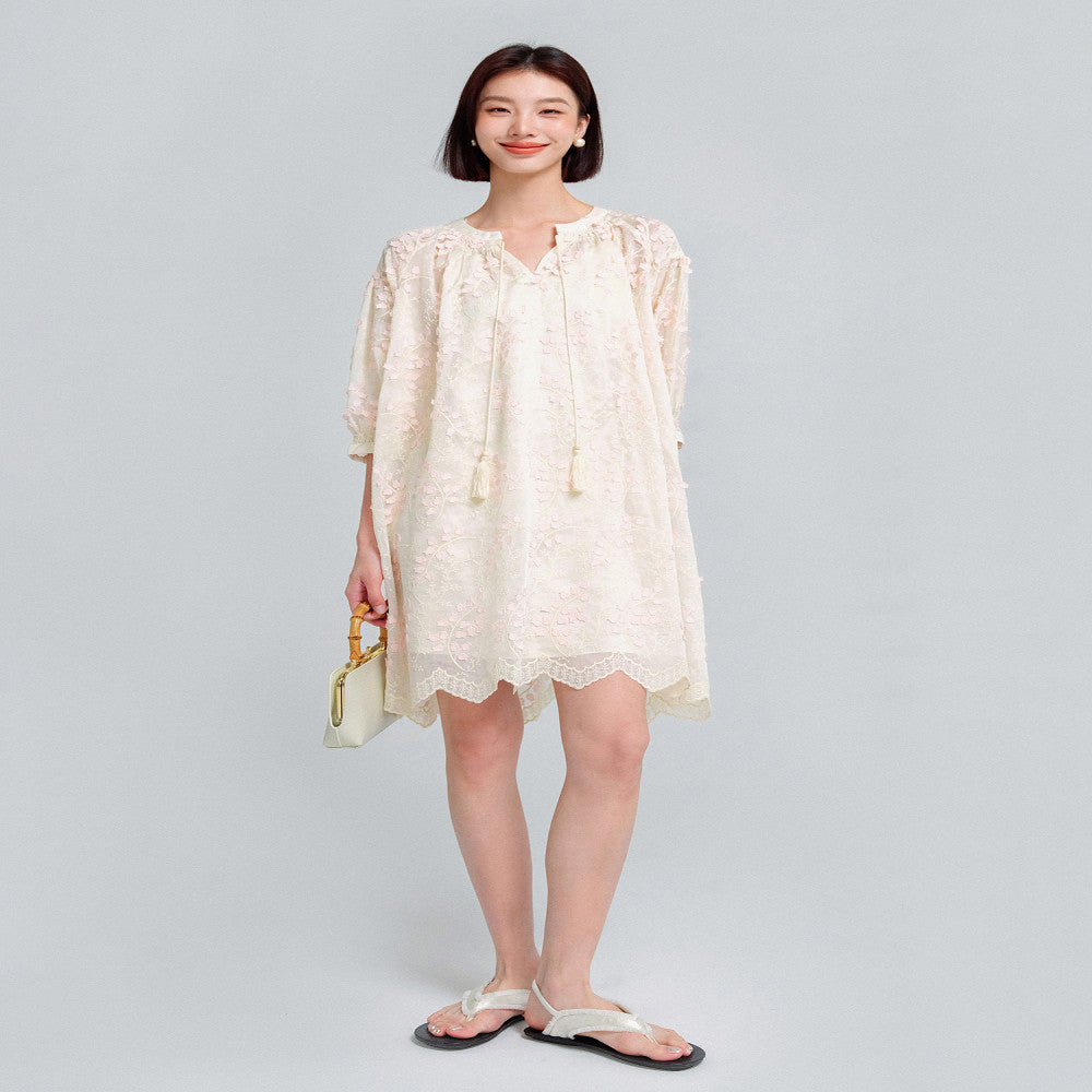 KOHS Qingfeng Linglan Aging Heavy Industry 3D Embroidery Light Transparent Round Neck Shirt Hanging Spike Dress image 1