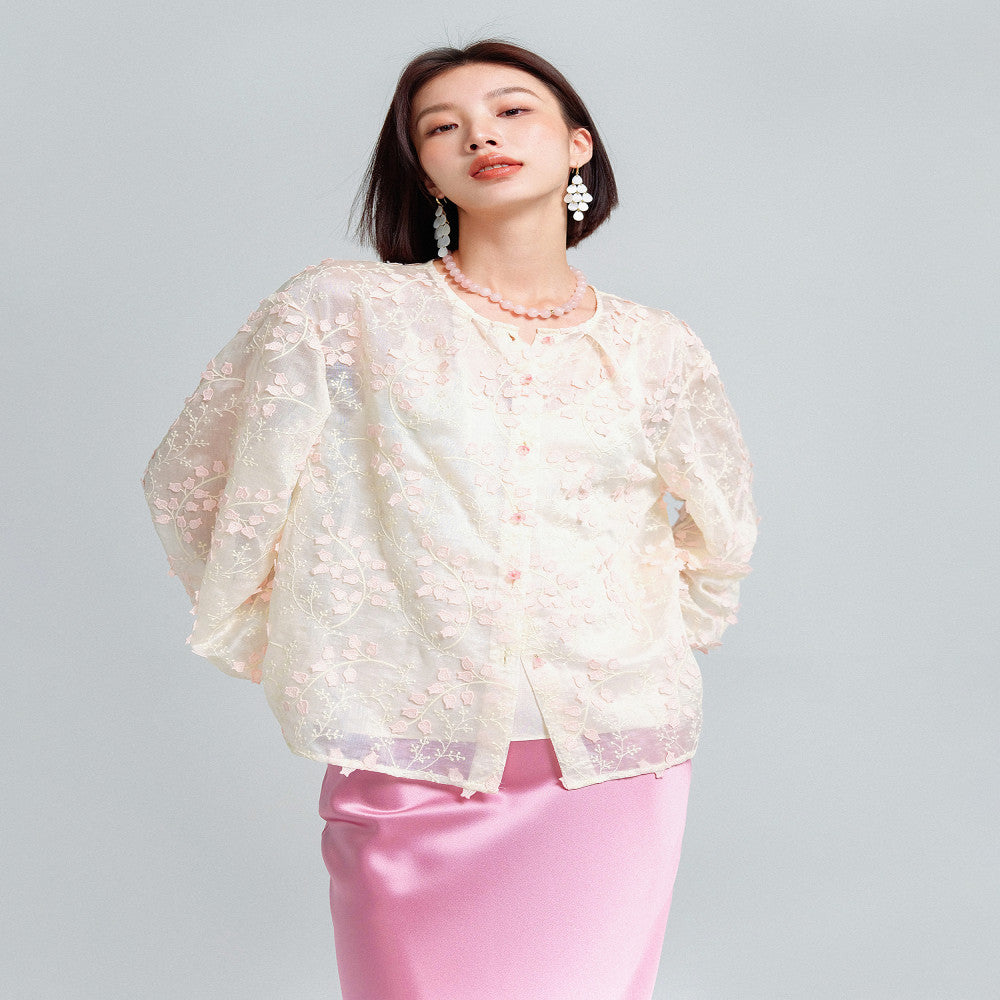 KOHS Qingfeng Linglan Aging Heavy Industry 3D Embroidery Light Transparent Round Neck Shirt Hanging Spike Dress image 3