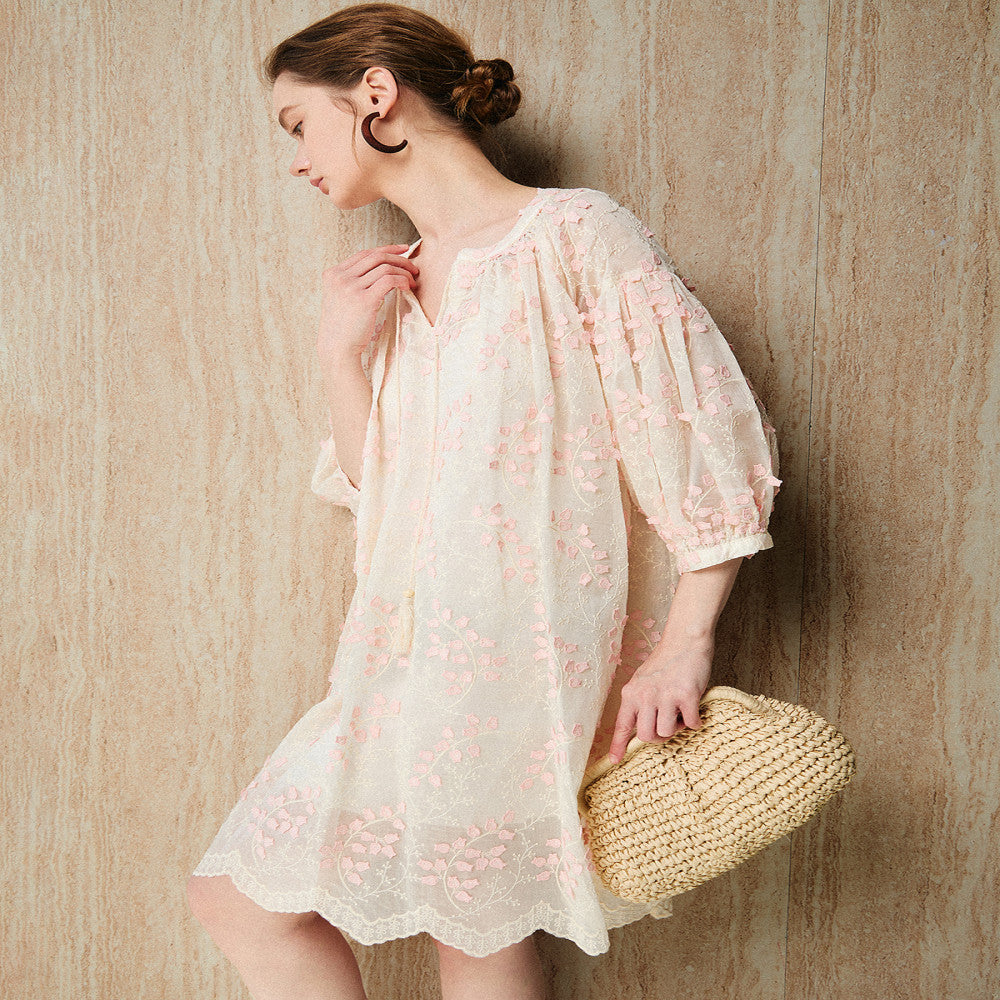 KOHS Qingfeng Linglan Aging Heavy Industry 3D Embroidery Light Transparent Round Neck Shirt Hanging Spike Dress image 4