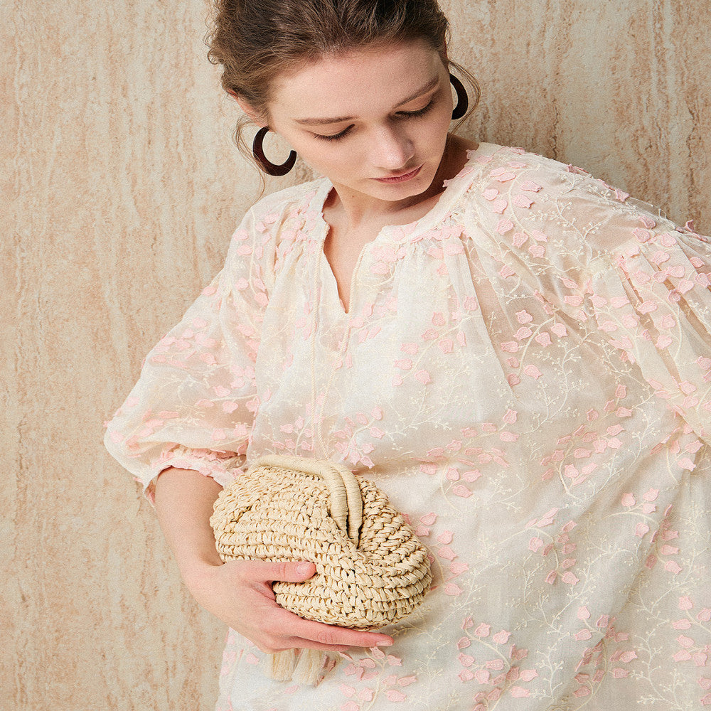 KOHS Qingfeng Linglan Aging Heavy Industry 3D Embroidery Light Transparent Round Neck Shirt Hanging Spike Dress image 5