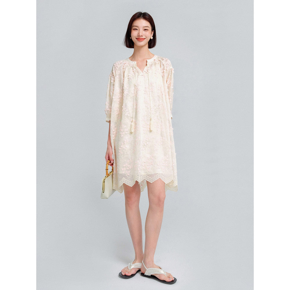 KOHS Qingfeng Linglan Aging Heavy Industry 3D Embroidery Light Transparent Round Neck Shirt Hanging Spike Dress image 13