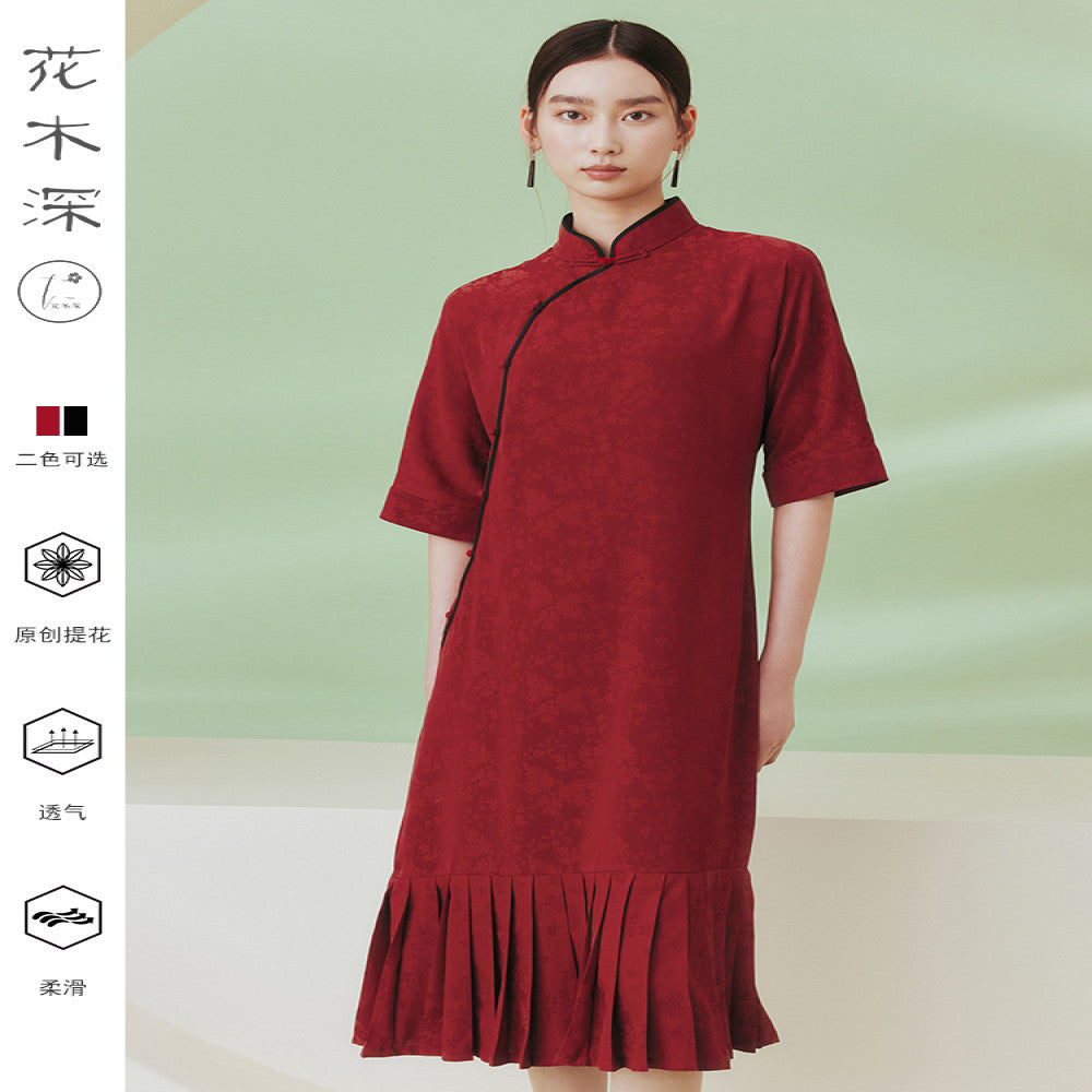 Blogger s same style flower and tree deep Republic of China style ancient method flat cut cheongsam improved new Chinese jacquard standing collar dress image 2