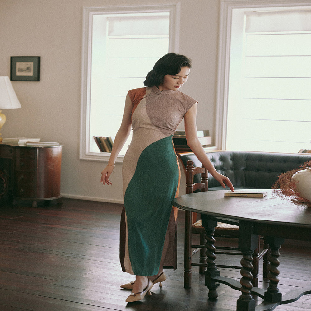 Momo spring and summer small sleeves full open long section Republic of China retro daily positioning flower cotton silk cheongsam Morandi image 2