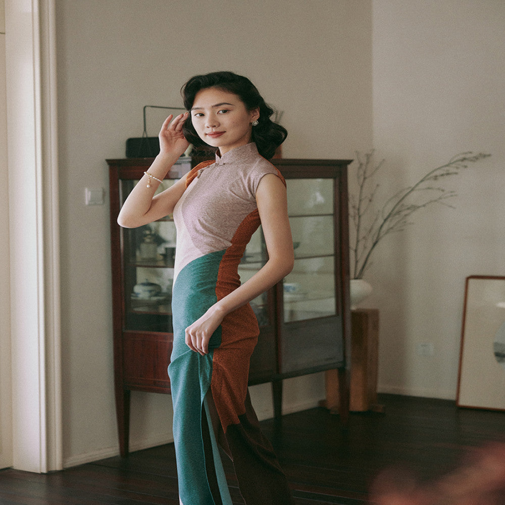 Momo spring and summer small sleeves full open long section Republic of China retro daily positioning flower cotton silk cheongsam Morandi image 3