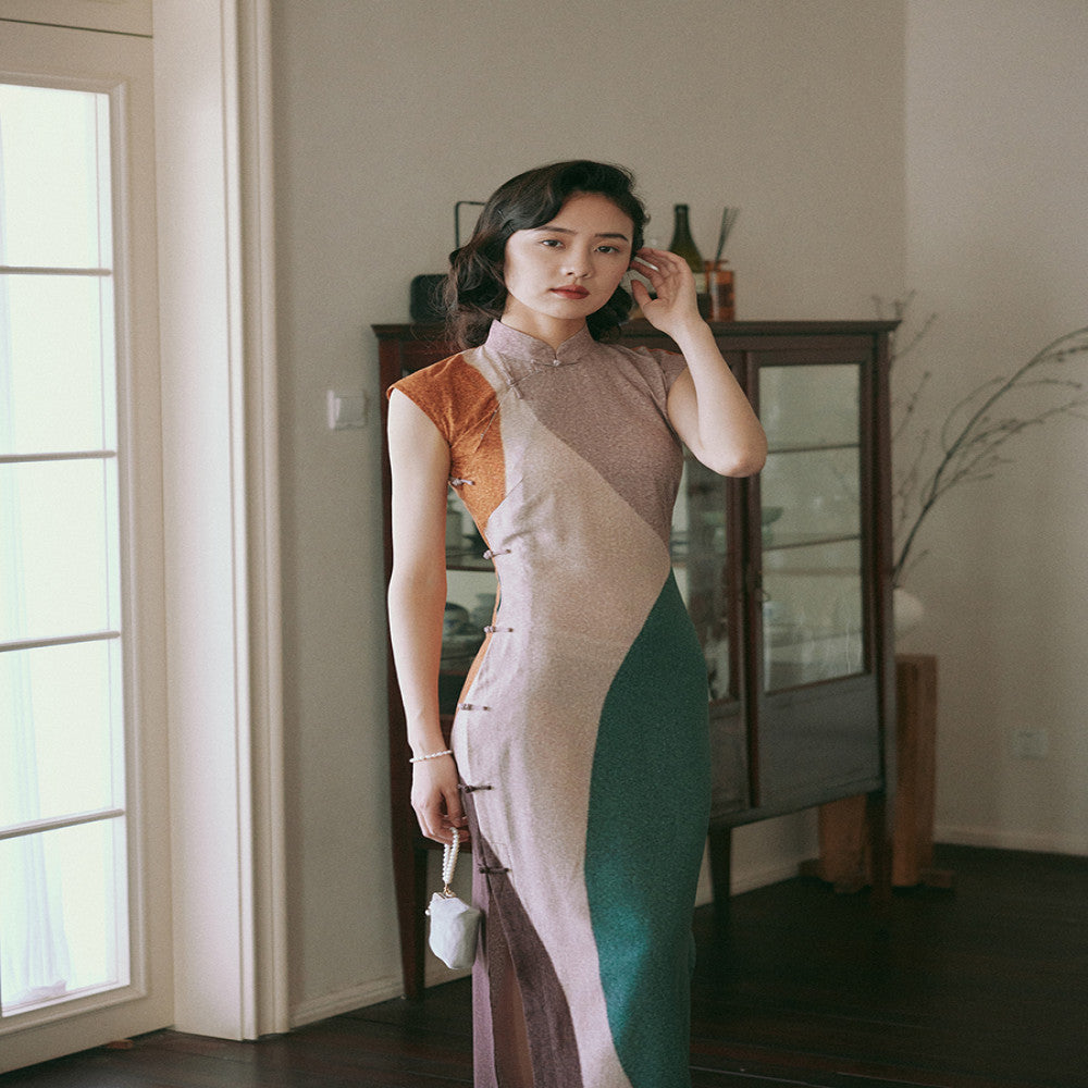 Momo spring and summer small sleeves full open long section Republic of China retro daily positioning flower cotton silk cheongsam Morandi image 4