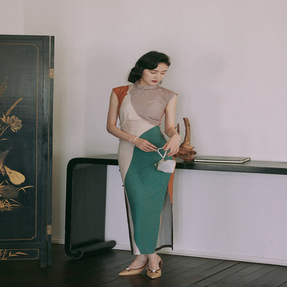 Momo spring and summer small sleeves full open long section Republic of China retro daily positioning flower cotton silk cheongsam Morandi image 5