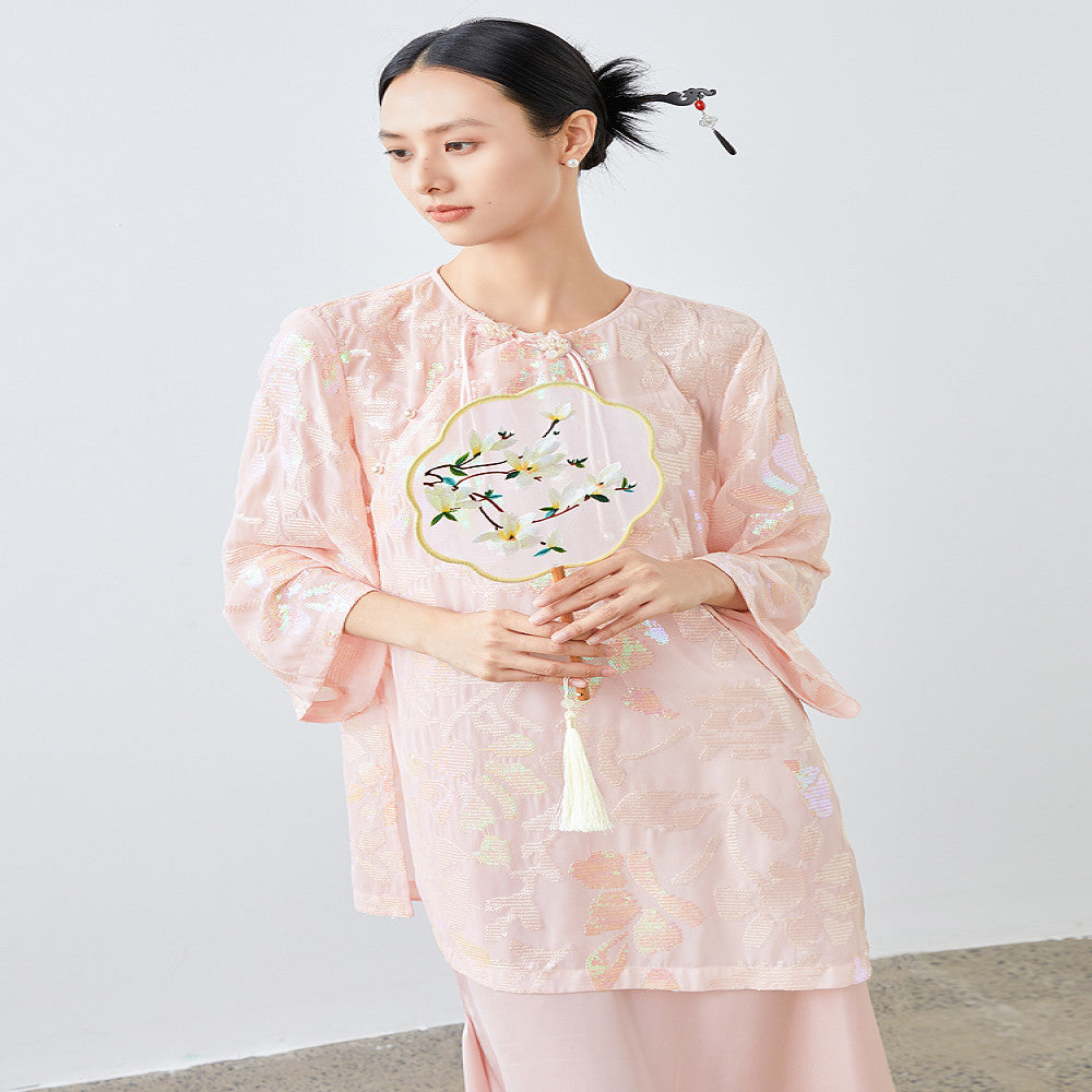 Light luxury heavy original design cherry blossom pink triple embroidery sequins round neck oblique placket top new Chinese style shirt image 1