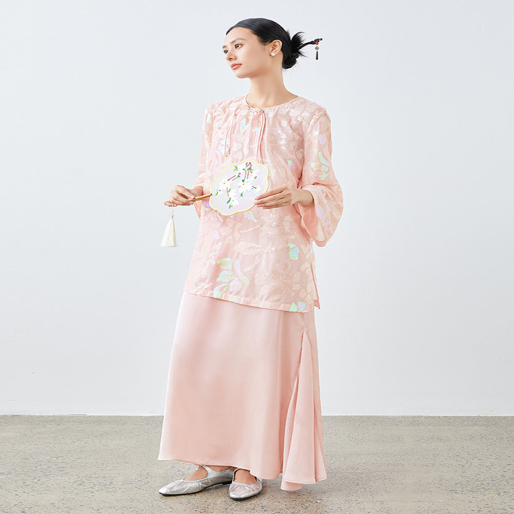 Light luxury heavy original design cherry blossom pink triple embroidery sequins round neck oblique placket top new Chinese style shirt image 2