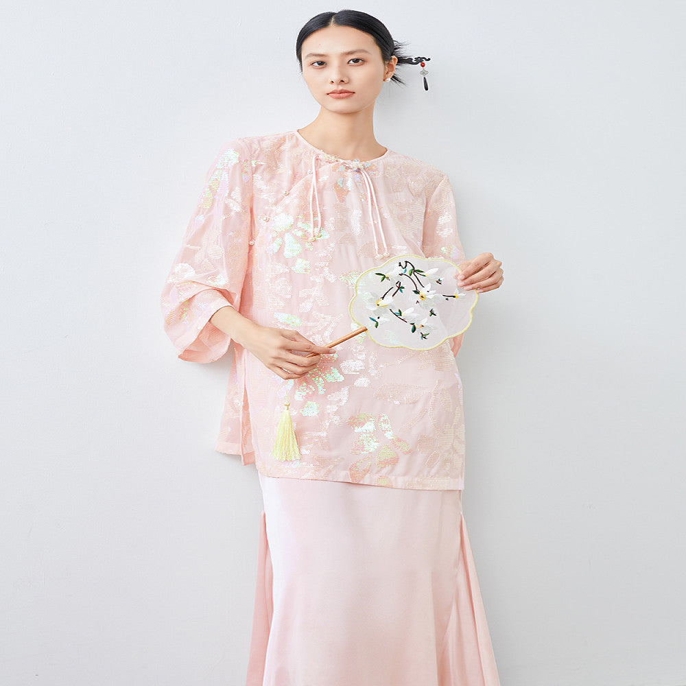 Light luxury heavy original design cherry blossom pink triple embroidery sequins round neck oblique placket top new Chinese style shirt image 3