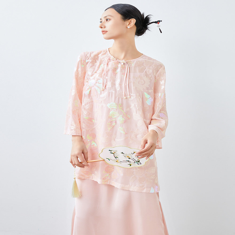 Light luxury heavy original design cherry blossom pink triple embroidery sequins round neck oblique placket top new Chinese style shirt image 4