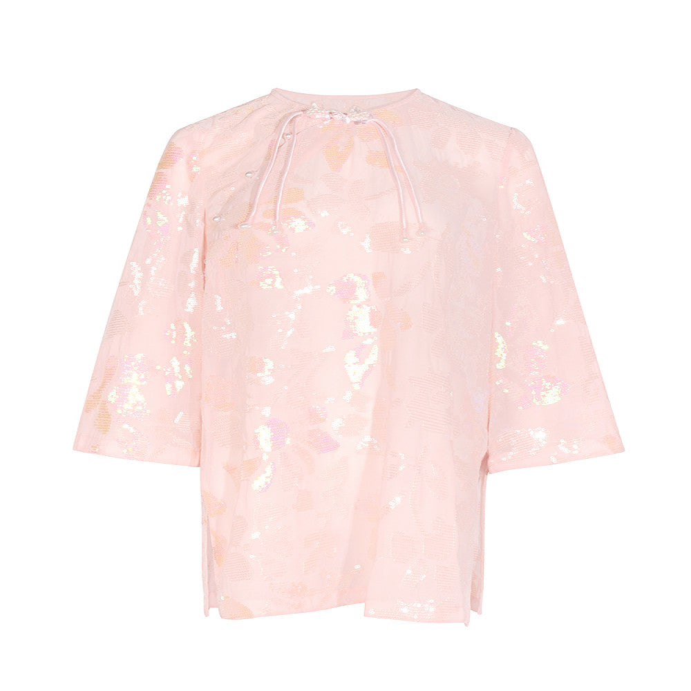 Light luxury heavy original design cherry blossom pink triple embroidery sequins round neck oblique placket top new Chinese style shirt image 9