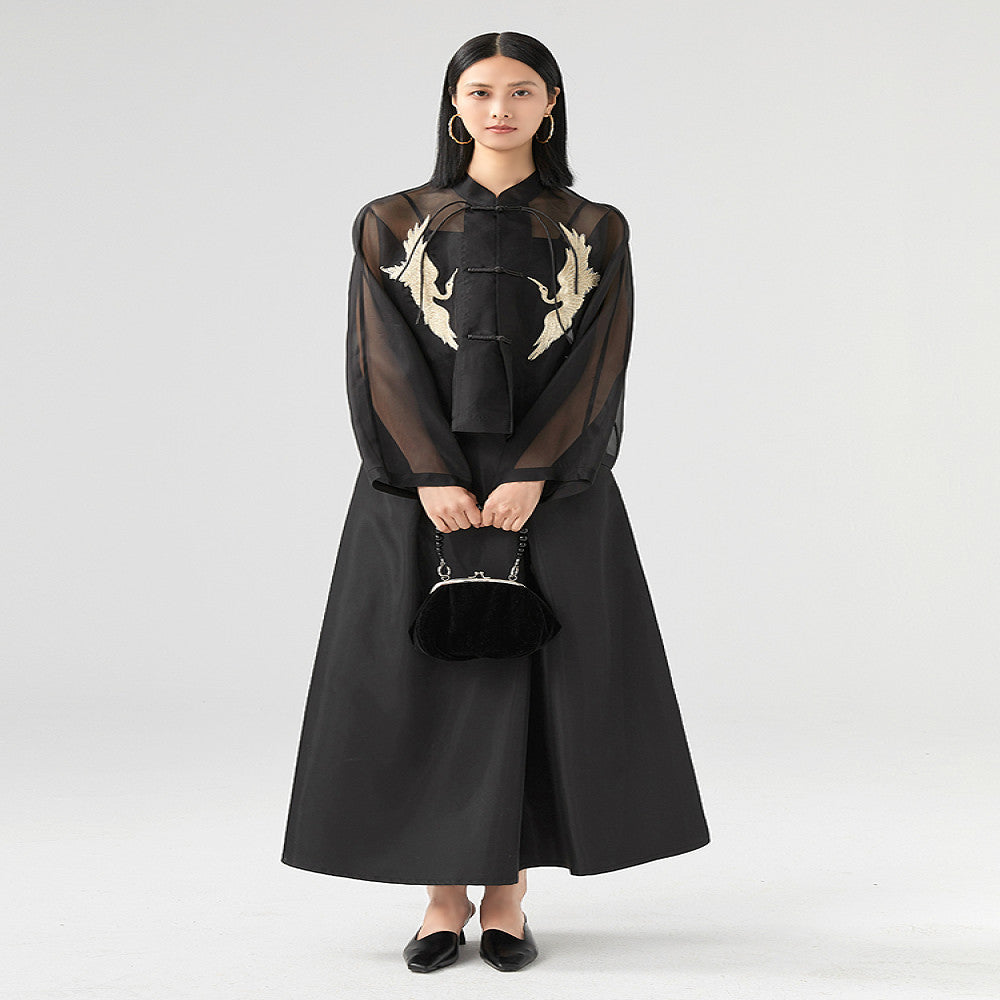 Original design New Chinese style black silk organza crane embroidery stand collar buckle Tang style short jacket image 2