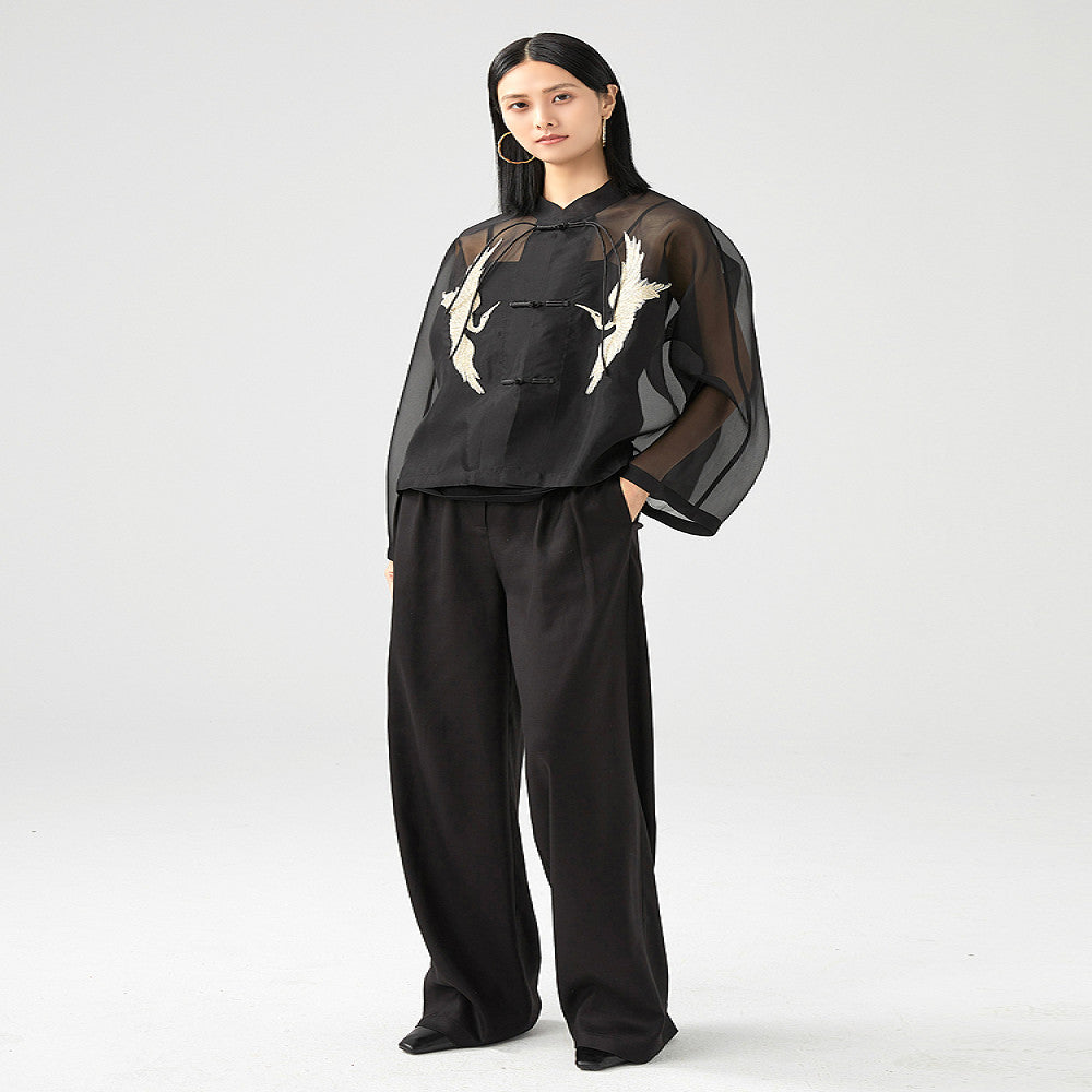 Original design New Chinese style black silk organza crane embroidery stand collar buckle Tang style short jacket image 3