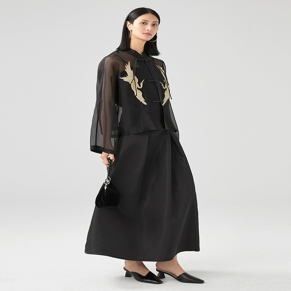 Original design New Chinese style black silk organza crane embroidery stand collar buckle Tang style short jacket image 4