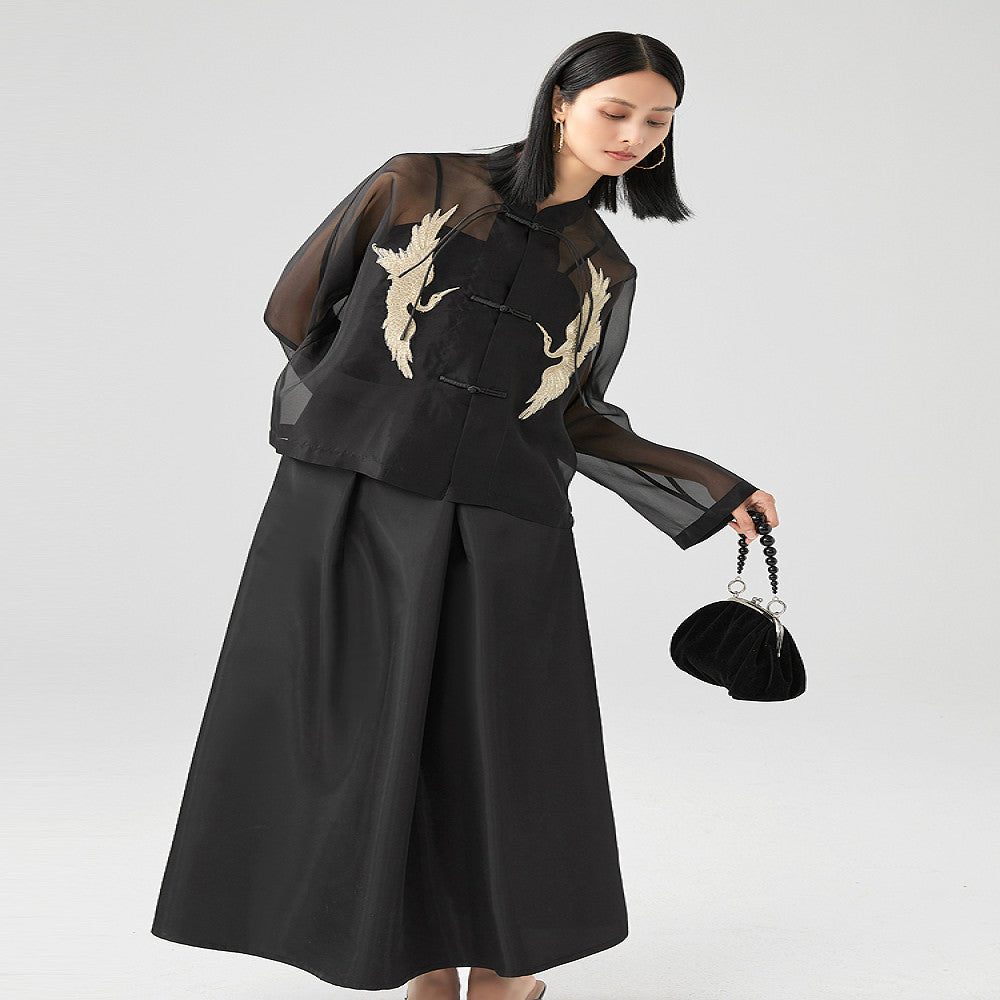 Original design New Chinese style black silk organza crane embroidery stand collar buckle Tang style short jacket image 0